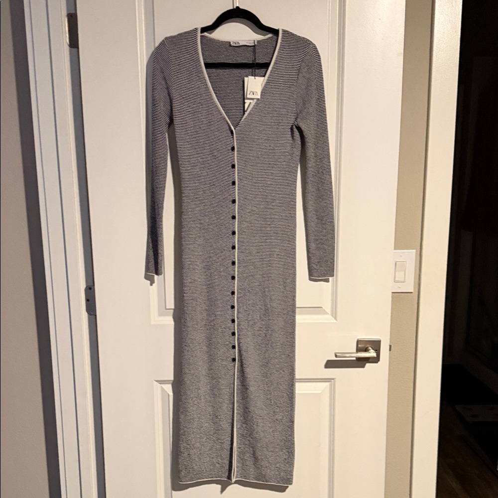 Zara Blue and White Button-Down Maxi Dress